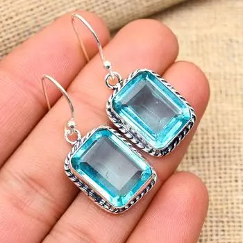 Серьги из стерлингового серебра 925 пробы с великолепным голубым топазом ручной работы из твердого серебра для свадебного подарка 1.6 Inches синий