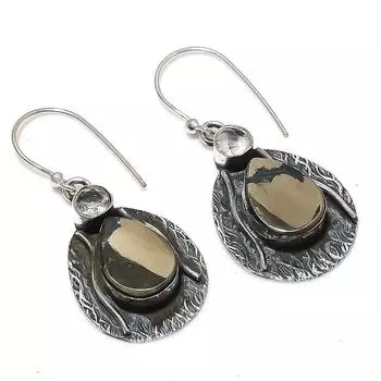 Серьги из стерлингового серебра 925 пробы с натуральным пиритовым агатом и белым топазом, 1,81 дюйма T1e79