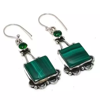Серьги из стерлингового серебра 925 пробы с натуральным малахитом и диопсидом 2,17 дюйма M7A68