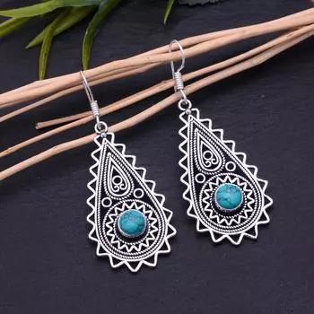 Серьги из стерлингового серебра 925 пробы с натуральным тибетским бирюзовым камнем 2,30 дюйма D8a23