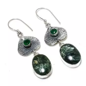 Серьги из стерлингового серебра 925 пробы с натуральным серафинитом и диопсидом 2,36 дюйма W0q50