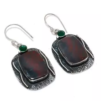 Серьги из стерлингового серебра 925 пробы с натуральным кровавым камнем и диопсидом, 2,05 дюйма p8J64
