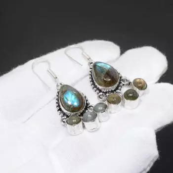 Серьги из стерлингового серебра 925 пробы ручной работы с лабрадоритом, серьги из натурального лабрадорита, серьги ручной работы, подарки для женщин 1.37 чёрный