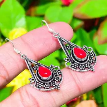 Серьги из стерлингового серебра 925 пробы с натуральным итальянским красным кораллом размером 1,97 дюйма M3H56