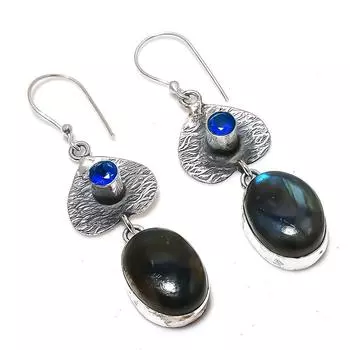 Серьги из стерлингового серебра 925 пробы с натуральным лабрадоритом и голубым топазом, 2,44 дюйма, O5n38