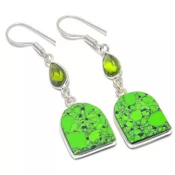 Серьги из стерлингового серебра 925 пробы с натуральной зеленой бирюзой и драгоценным камнем перидот 2,01 дюйма N5n50