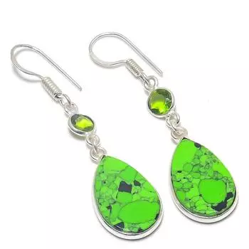 Серьги из стерлингового серебра 925 пробы с натуральной зеленой бирюзой и драгоценным камнем перидот 1,97 дюйма T3q00