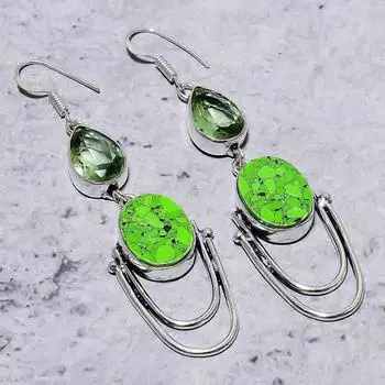 Серьги из стерлингового серебра 925 пробы с натуральной зеленой бирюзой и цаворитом 3,03 дюйма P1D97