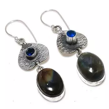 Серьги из стерлингового серебра 925 пробы с натуральным лабрадоритом и голубым топазом размером 2,36 дюйма z1t26