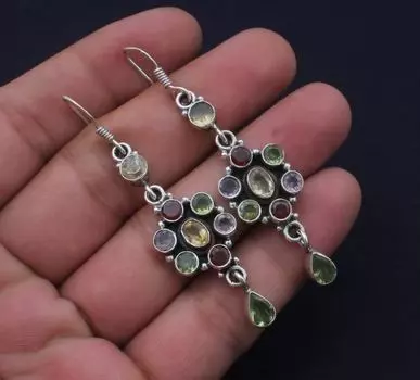 Серьги из стерлингового серебра 925 пробы с несколькими драгоценными камнями, для женщин, серьги с драгоценными камнями, для нее, свадебные серьги, серебряные серьги ручной работы с драгоценными камнями, подарок