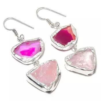 Серьги из стерлингового серебра 925 пробы с натуральным розовым кварцем и розовым камнем-друзи 2,56 дюйма P5v23
