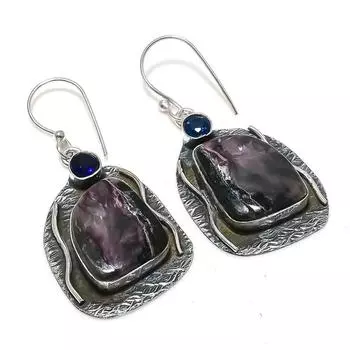 Серьги из стерлингового серебра 925 пробы с натуральным русским чароитом и голубым топазом 2,05 дюйма k3M06