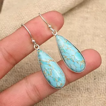 Серьги из стерлингового серебра 925 пробы ручной работы с синим медным бирюзовым драгоценным камнем для женщин 1.57 Inches синий