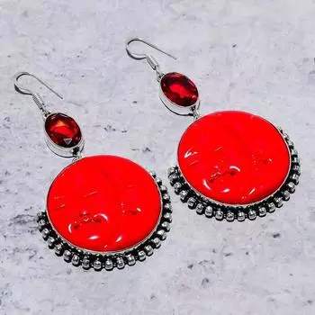 Серьги из стерлингового серебра 925 пробы с натуральным красным кораллом и гранатом, 3,03 дюйма m8U30