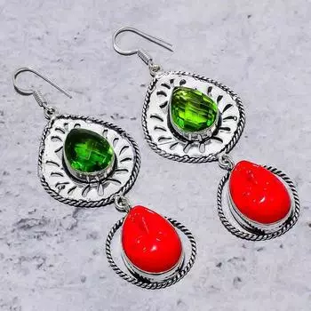 Серьги из стерлингового серебра 925 пробы с натуральным красным кораллом и драгоценным камнем перидот 3,15 дюйма S2m65
