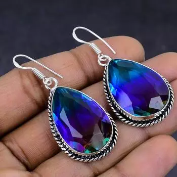 Серьги из стерлингового серебра 925 пробы с натуральным двухцветным турмалином 1,97 дюйма H3f47