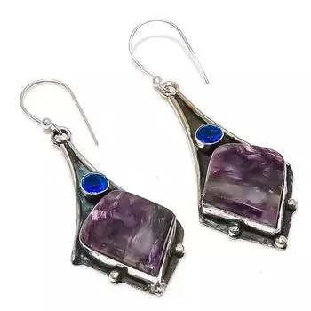 Серьги из стерлингового серебра 925 пробы с натуральным русским чароитом и голубым топазом 2,40 дюйма C9L83