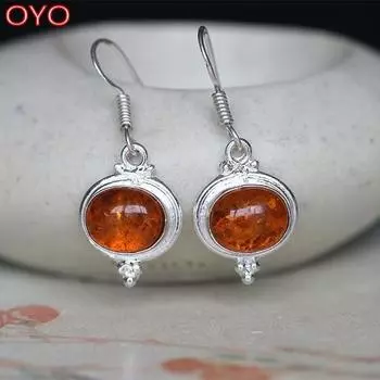 Серьги из стерлингового серебра 925 пробы с индийской ручной инкрустацией из натурального янтарного цветка и янтарного цвета