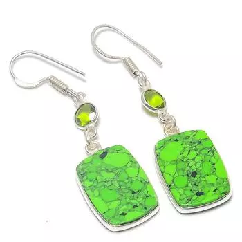 Серьги из стерлингового серебра 925 пробы с натуральной зеленой бирюзой и драгоценным камнем перидот 2,21 дюйма E8P43