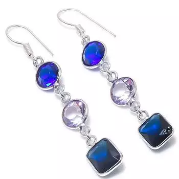 Серьги из стерлингового серебра 925 пробы с натуральным лондонским голубым топазом и аметистом, 2,40 дюйма b1F21