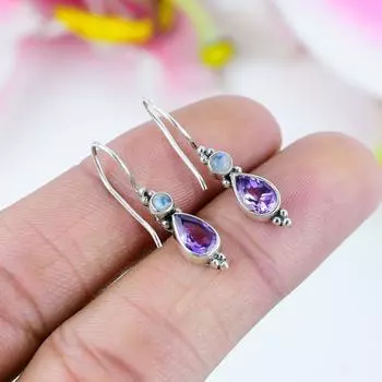 Серьги из стерлингового серебра 925 пробы с натуральным аметистом и лунным камнем, 1,25 дюйма, T4c70