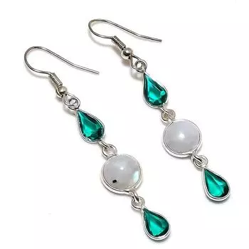 Серьги из стерлингового серебра 925 пробы с натуральным радужным лунным камнем и турмалином 2,17 дюйма i6r43