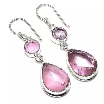 Серьги из стерлингового серебра 925 пробы с натуральным розовым кунцитом 2,17 дюйма f6F19