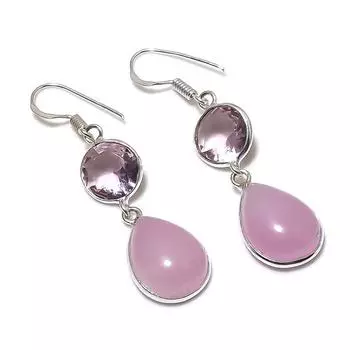 Серьги из стерлингового серебра 925 пробы с натуральным розовым халцедоном и кунцитом 1,97 дюйма U7A08