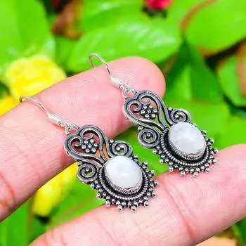 Серьги из стерлингового серебра 925 пробы с натуральным радужным лунным камнем 1,77 дюйма i0A38