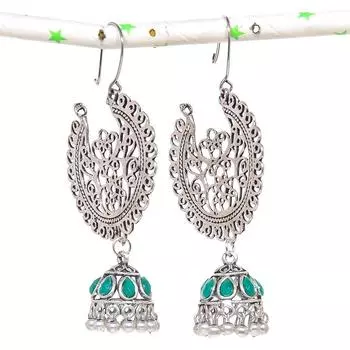 Серьги из стерлингового серебра 925 пробы с натуральным индийским драгоценным камнем Джумки 2,96 дюйма C8C03