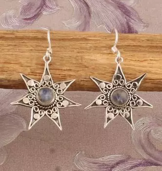 Серьги из стерлингового серебра 925 пробы с радужным лунным камнем, дизайнерские серебряные серьги Sun, серьги ручной работы 3.5 cm белый