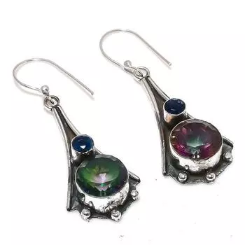 Серьги из стерлингового серебра 925 пробы с натуральным мистическим радужным топазом и голубым топазом 2,17 дюйма V6h05
