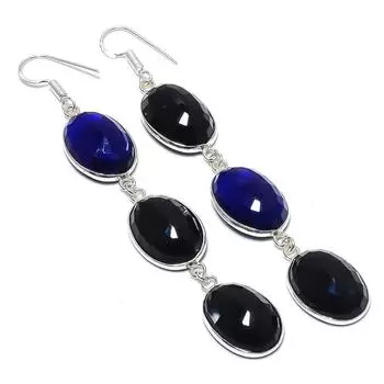 Серьги из стерлингового серебра 925 пробы с натуральным лондонским голубым топазом и ониксом, 3,59 дюйма, Y7k43