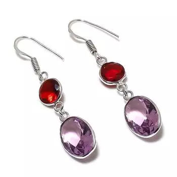 Серьги из стерлингового серебра 925 пробы с натуральным розовым кунцитом и гранатом 1,97 дюйма f4V54