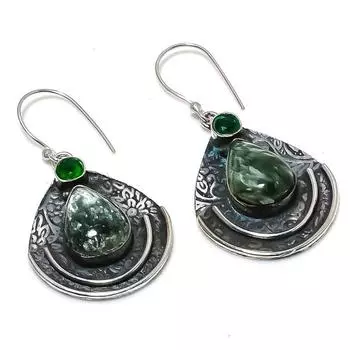 Серьги из стерлингового серебра 925 пробы с натуральным серафинитом и диопсидом 1,97 дюйма P5y87