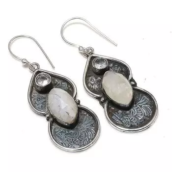 Серьги из стерлингового серебра 925 пробы с натуральным радужным лунным камнем и белым топазом 2,17 дюйма T1m35