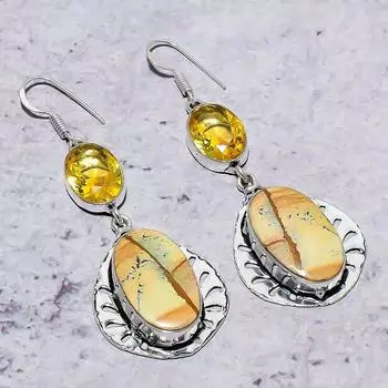 Серьги из стерлингового серебра 925 пробы с натуральным изображением яшмы и цитрином, 2,68 дюйма, E8Z32