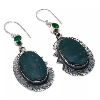 Серьги из стерлингового серебра 925 пробы с натуральным кровавым камнем и диопсидом 2,56 дюйма R9w20