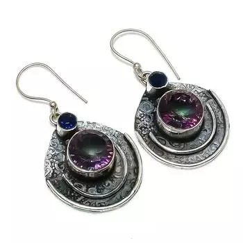 Серьги из стерлингового серебра 925 пробы с натуральным мистическим топазом и голубым топазом, 1,97 дюйма, g9O59