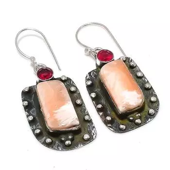 Серьги из стерлингового серебра 925 пробы с натуральным оранжевым сколецитом и гранатом, 1,93 дюйма, U4O24