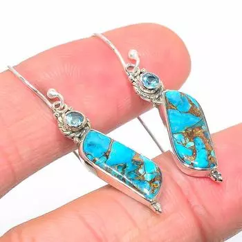Серьги из стерлингового серебра 925 пробы с натуральной голубой медью, бирюзой и голубым топазом, 1,75 дюйма, E9s25