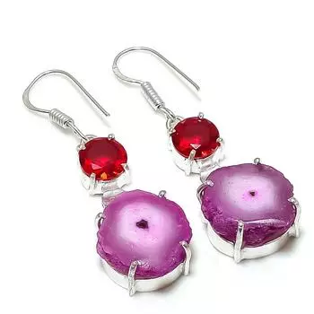 Серьги из стерлингового серебра 925 пробы с натуральным розовым солнечным кварцем и гранатом 1,85 дюйма G3u73