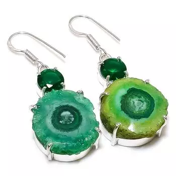 Серьги из стерлингового серебра 925 пробы с натуральным зеленым солнечным кварцем и диопсидом 1,97 дюйма Q5B42