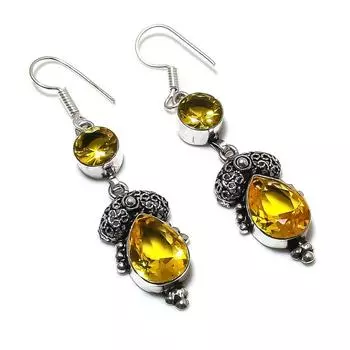 Серьги из стерлингового серебра 925 пробы с натуральным цитрином, ручная работа, 2,36 дюйма, C9R23