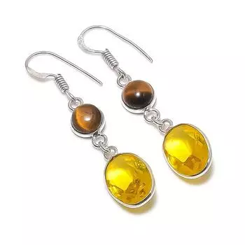 Серьги из стерлингового серебра 925 пробы с натуральным цитрином и тигровым глазом 1,85 дюйма q4Z04