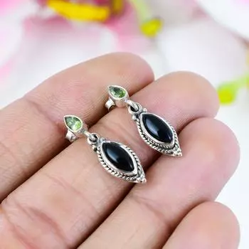 Серьги из стерлингового серебра 925 пробы с натуральным черным онексом и драгоценным камнем перидот, 1 дюйм, J0z24