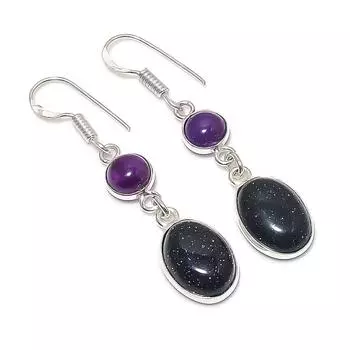 Серьги из стерлингового серебра 925 пробы с натуральным фиолетовым солнечным камнем и аметистом 1,93 дюйма e0S48