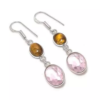 Серьги из стерлингового серебра 925 пробы с натуральным розовым кунцитом и тигровым глазом 1,97 дюйма Q6N87