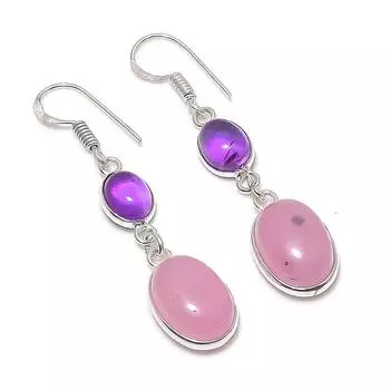 Серьги из стерлингового серебра 925 пробы с натуральным розовым кварцем и аметистом 2,01 дюйма e1Y06