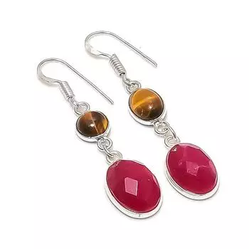 Серьги из стерлингового серебра 925 пробы с натуральным рубином и тигровым глазом 2,05 дюйма R0n39